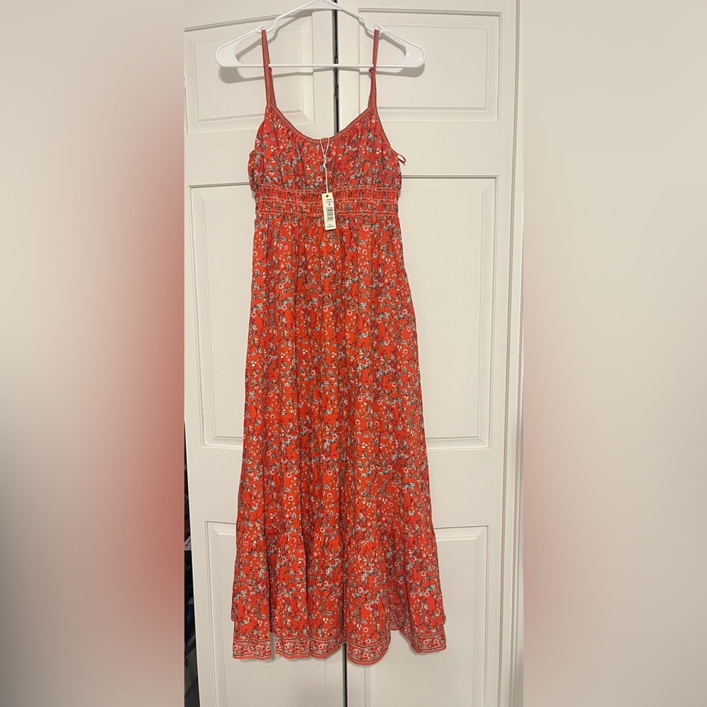 NWT Max Studio Red Floral Ruffle Spaghetti Strap Smocked Waist Maxi Dress S